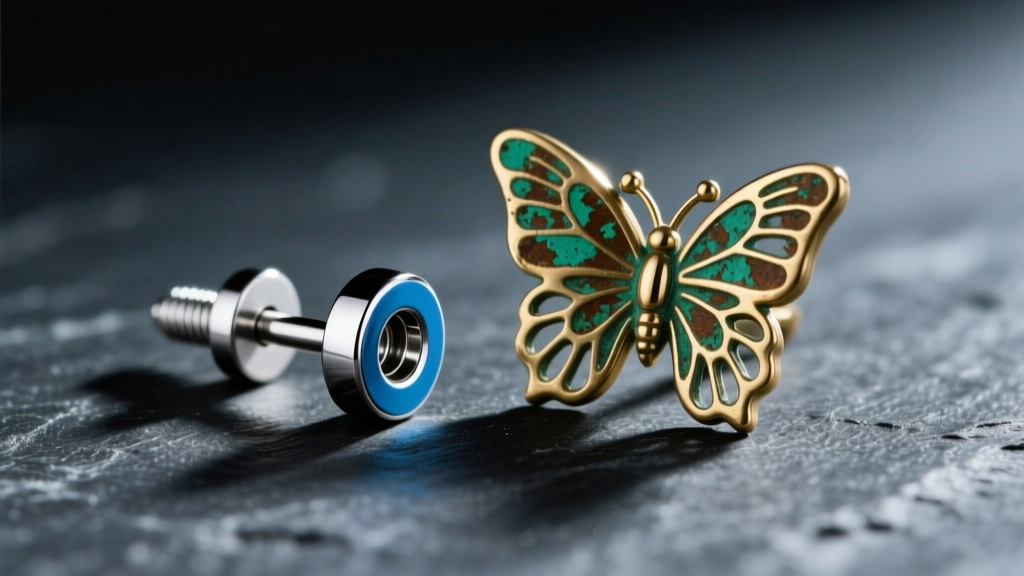 Macro photography of an implant-grade titanium threadless earring post beside a tarnished brass butterfly back on dark slate.
