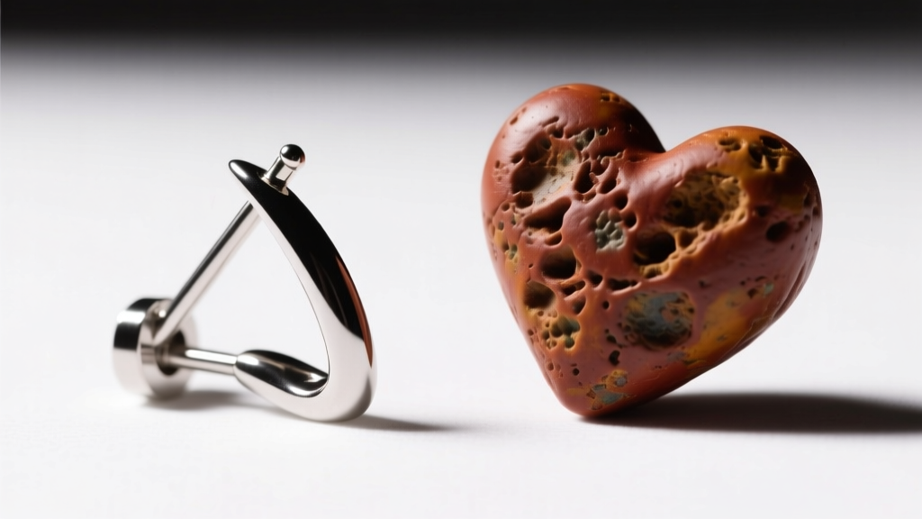 Macro shot of an 18-gauge titanium earring post bending at a 45-degree angle next to a heavy polymer clay heart nugget on white.