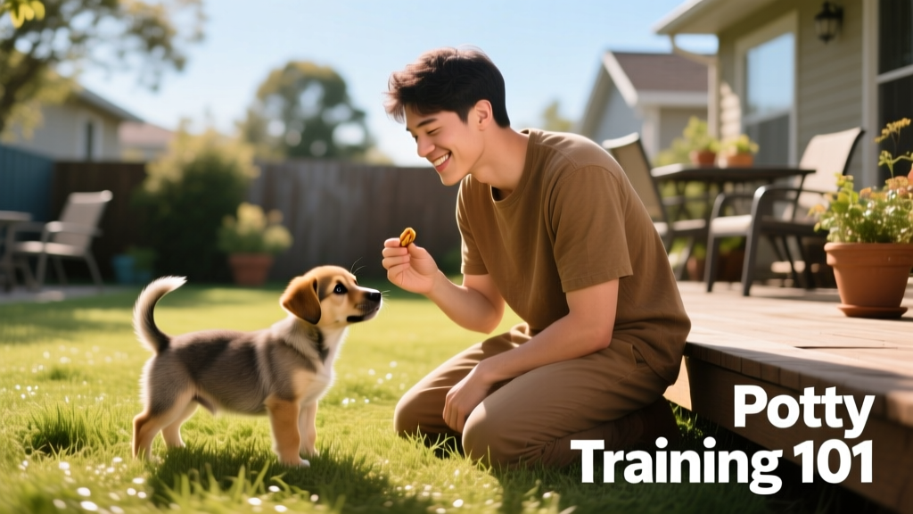 A person kneeling beside a small dog on a grassy patch near a patio, holding a treat and smiling