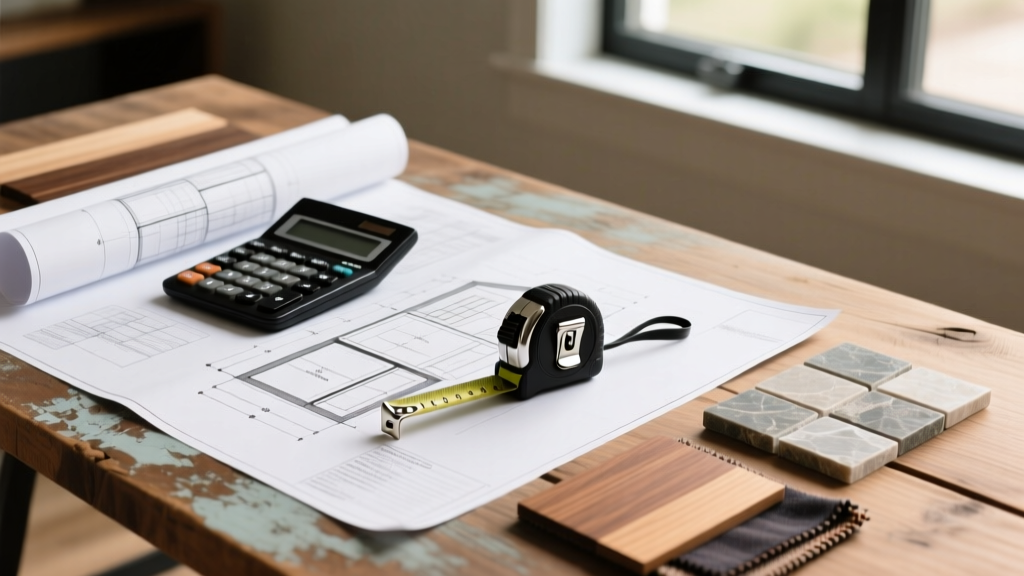 Architectural blueprints spread on a wooden table next to a calculator, tape measure, and material samples for a custom home build