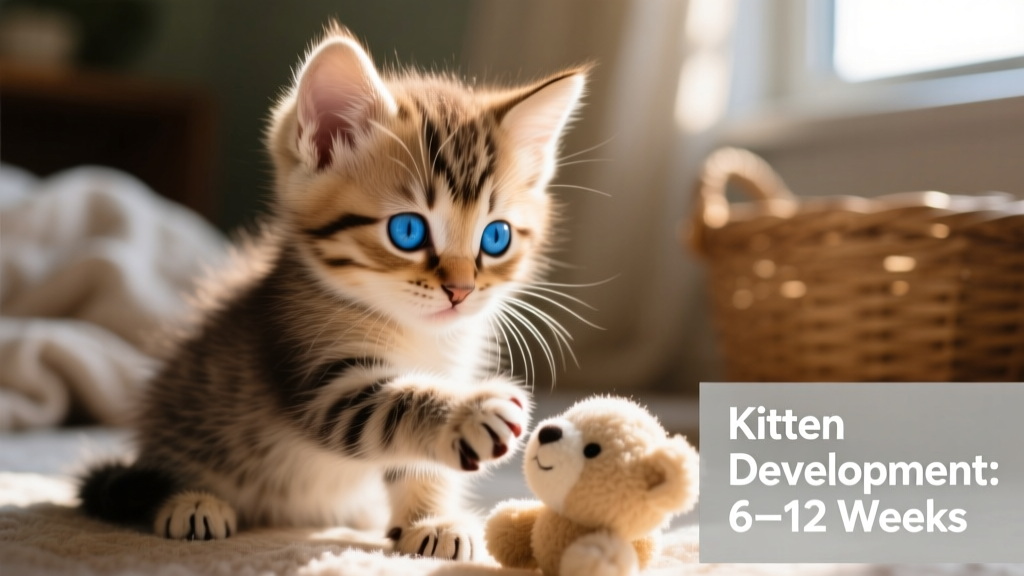 Close-up of a 7-week-old kitten with bright blue eyes, gently pawing at a soft toy