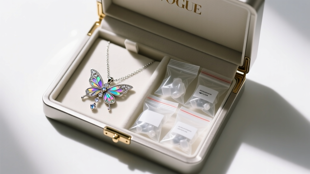 Overhead view of an open anti-tarnish jewelry box containing a delicate fairy pendant necklace, alongside silica gel packets and zip bags