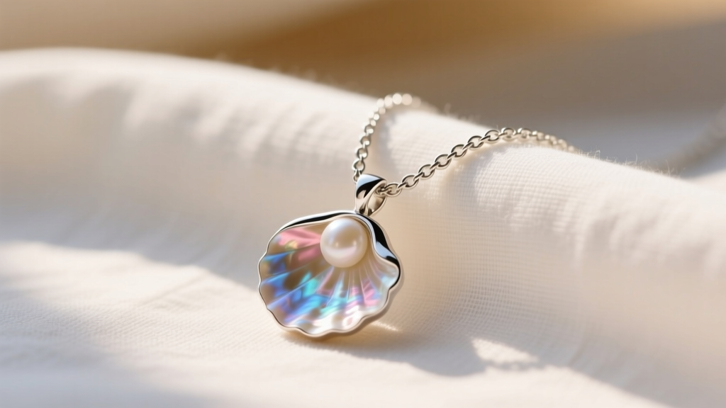 A sterling silver seashell pendant necklace on sunlit linen, showing iridescent mother-of-pearl inlay and cable chains in day.