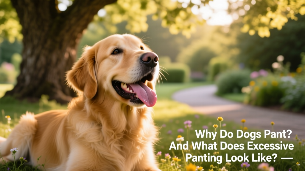 A golden retriever happily panting while resting in dappled shade on a warm afternoon