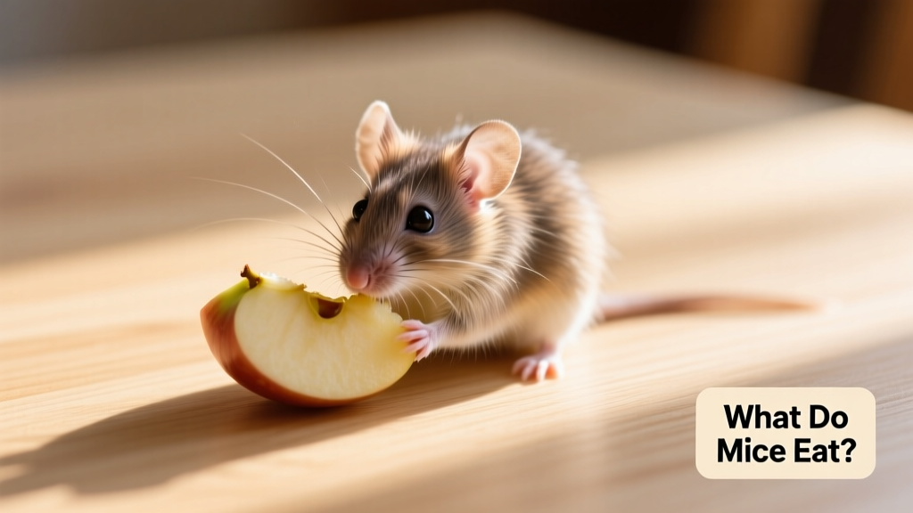 A pet mouse nibbling a small piece of apple on a clean wooden surface