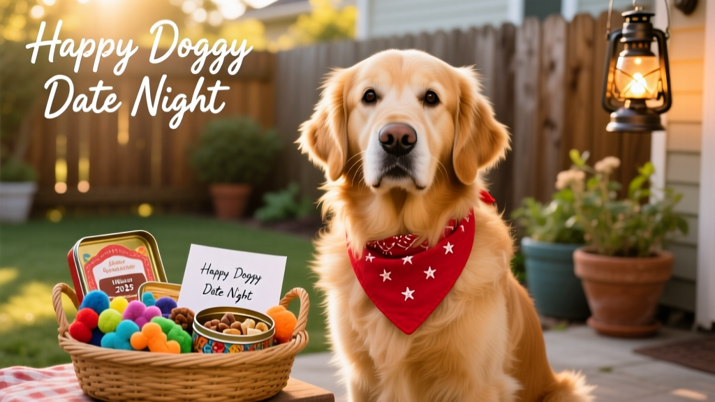 A close-up of a dog wearing a festive red bandana, sitting beside a small basket filled with toys, treats, and a handwritten ‘Happy Doggy Date Night’ note