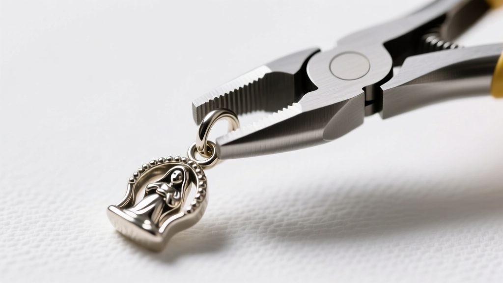 Macro shot of a 20-gauge steel jump ring being secured to a nativity pendant bail using two flat-nose jewelry pliers on a mat