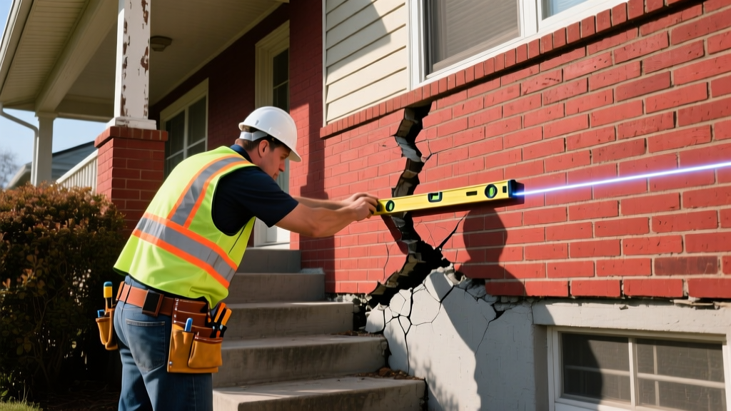 Structural engineer using a laser level to measure a half-inch stair-step crack in a red brick exterior wall of a settling suburban home