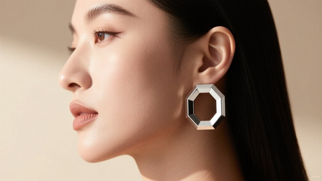 Side profile of a woman wearing 25mm silver octagon hoop earrings, showing how angular geometric jewelry adds facial structure.