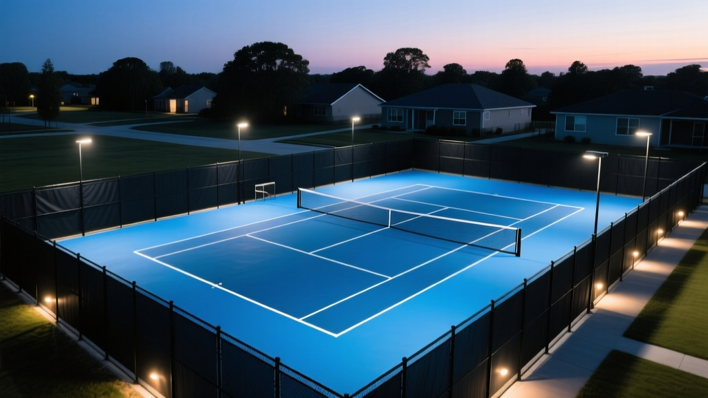Aerial view of a new residential concrete tennis court with blue acrylic surfacing, black vinyl-coated fencing, and LED lighting at dusk.
