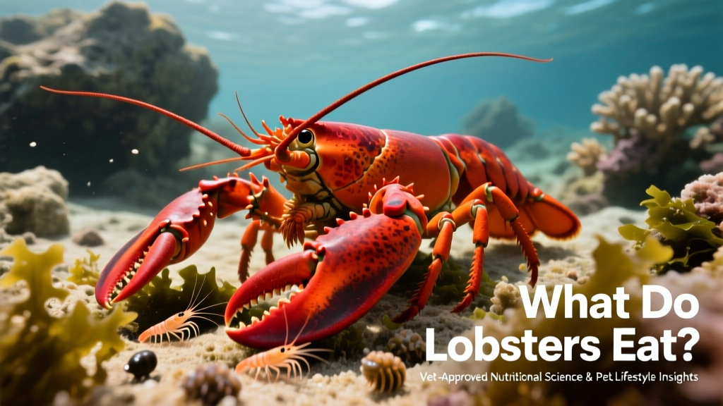 A vibrant Atlantic lobster foraging on a rocky ocean floor with small crustaceans and algae visible nearby
