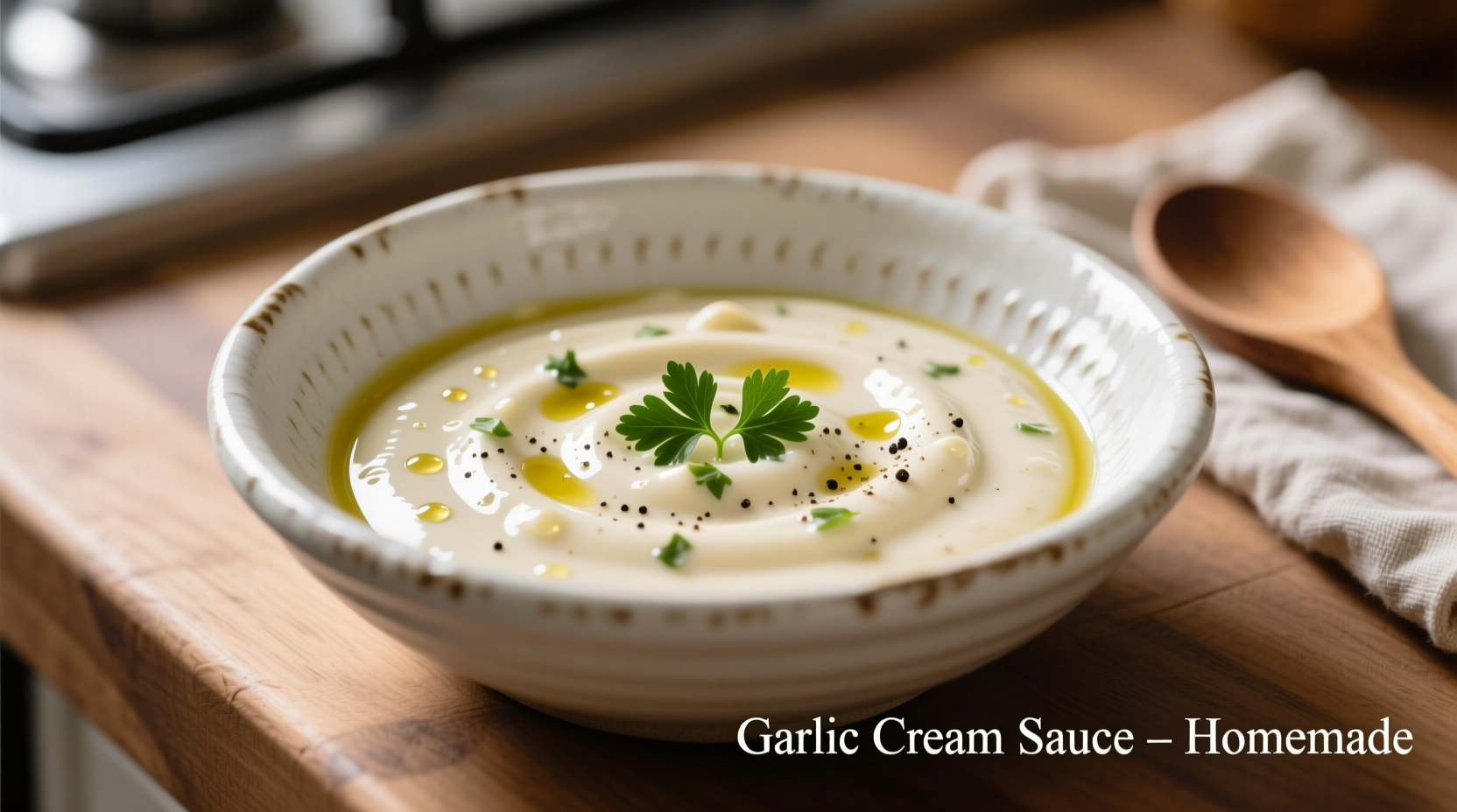 Creamy garlic sauce in white ceramic bowl