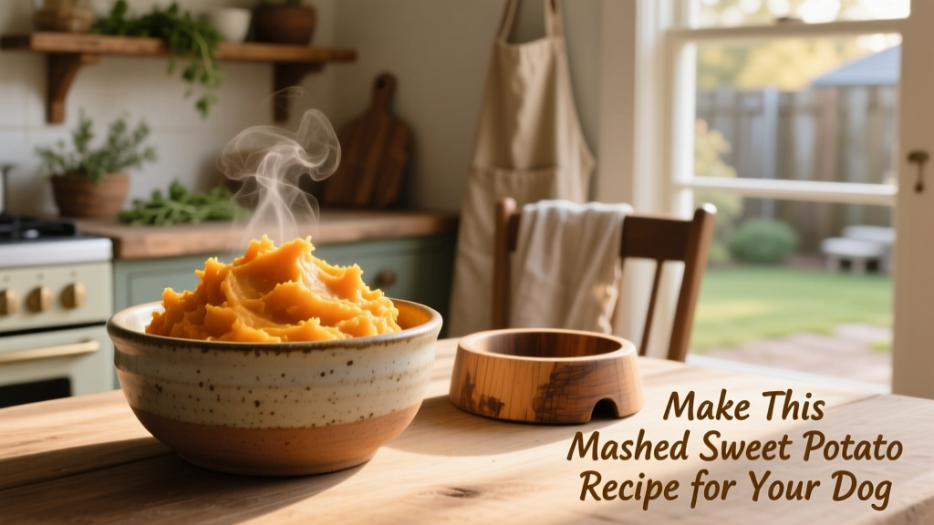 A bowl of creamy, orange mashed sweet potatoes with a small dog bowl beside it