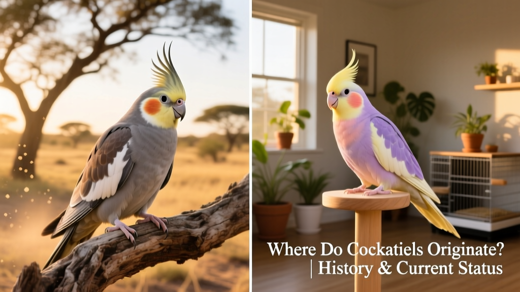 Side-by-side comparison of a wild gray cockatiel and a captive-bred pastel mutation, highlighting natural vs. selectively bred plumage