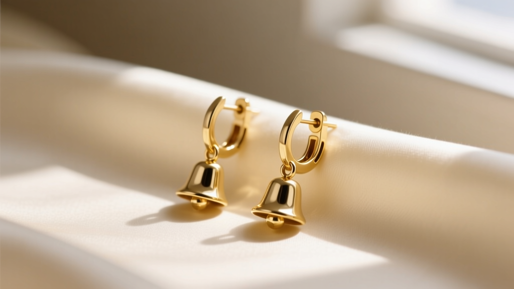 Gold kelly clochette earrings on cream silk, showing the miniature bell charm and secure leverback closure in soft lighting.