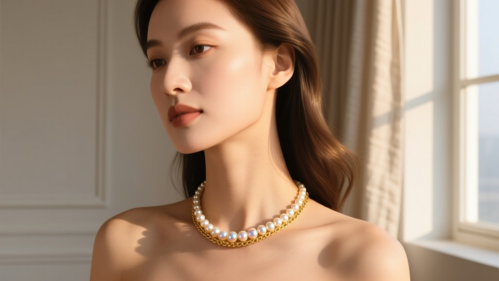 Woman wearing a delicate 14k gold-filled pearl choker, highlighting the fit against her collarbone in warm, natural sunlight.