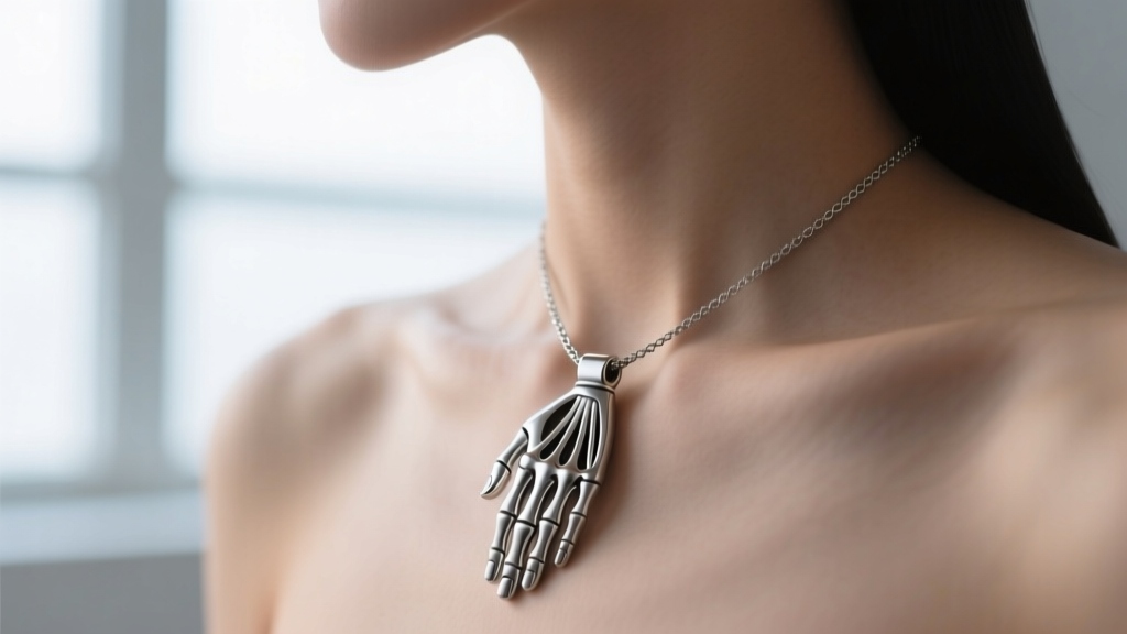 Side profile of a titanium anatomical hand pendant necklace on a model, showcasing a matte brushed finish and modern aesthetic