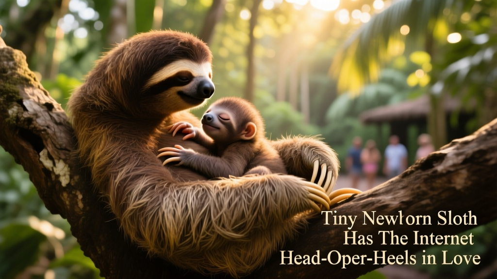 Mother sloth gently grooming her baby while resting on a branch