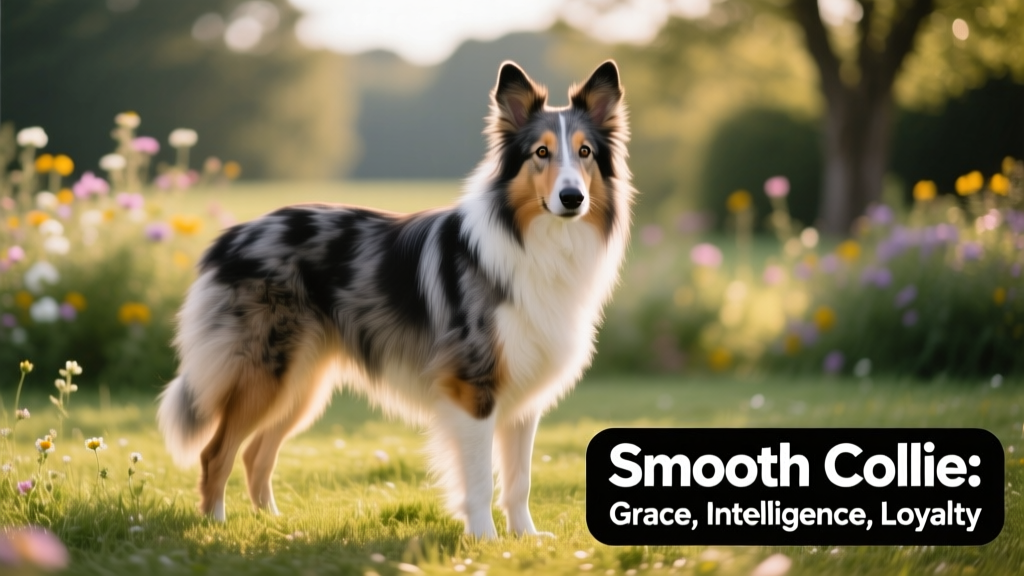 A sleek, alert Smooth Collie standing confidently on grass, showcasing its short, dense coat and expressive eyes