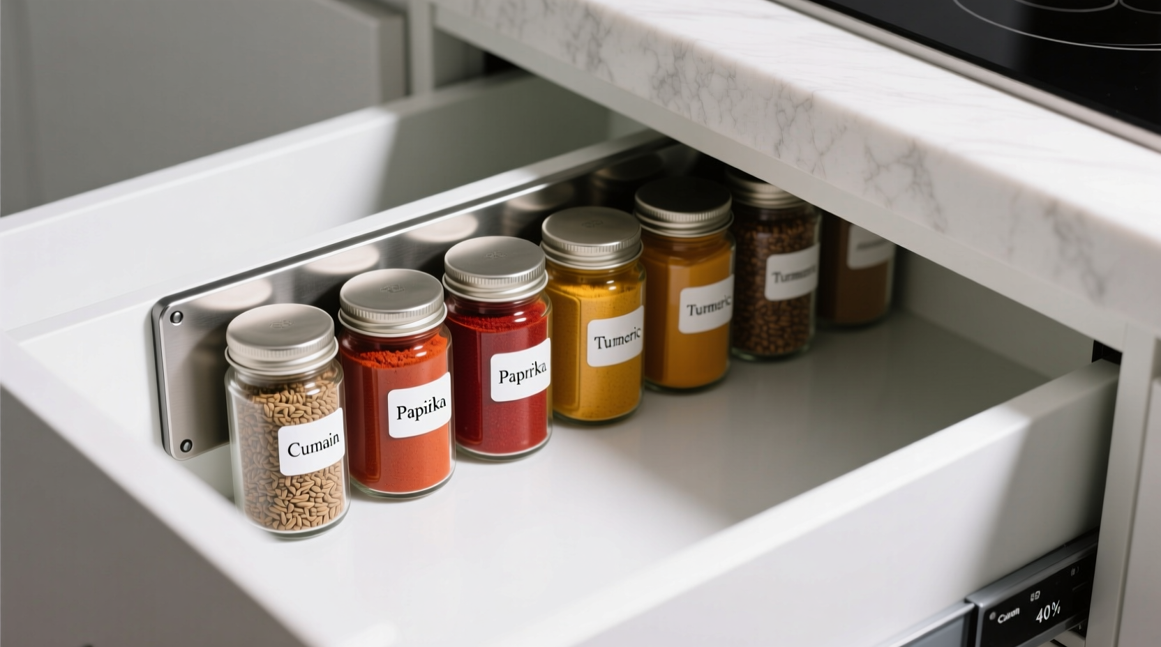 spice drawer organization with magnets labels