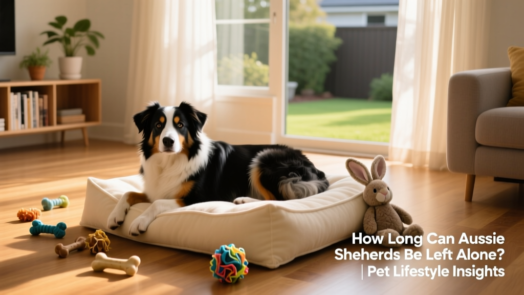 A calm Australian Shepherd resting on a cozy dog bed with toys nearby, in a sunlit living room