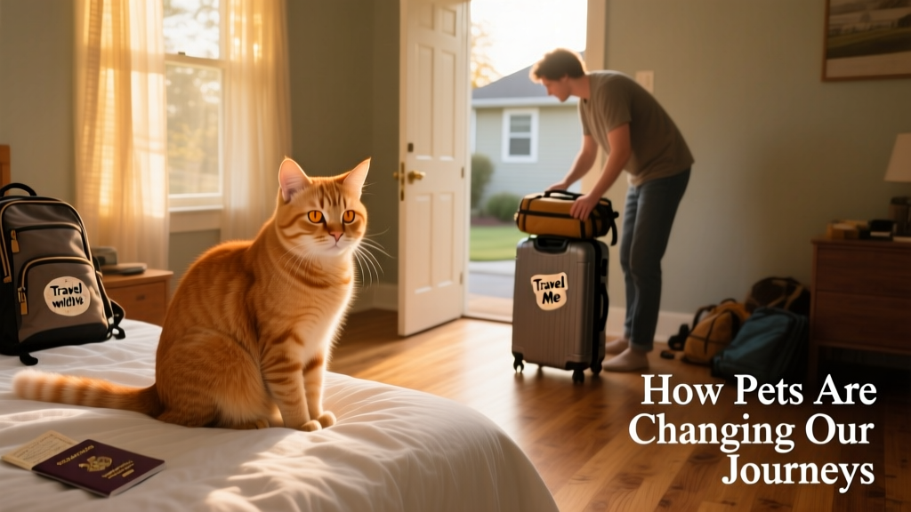 Sad looking ginger cat on a bed while the owner packs a suitcase