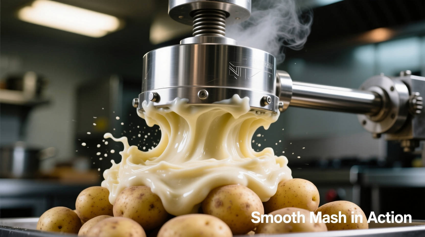 Stainless steel potato ram press in action with smooth mash