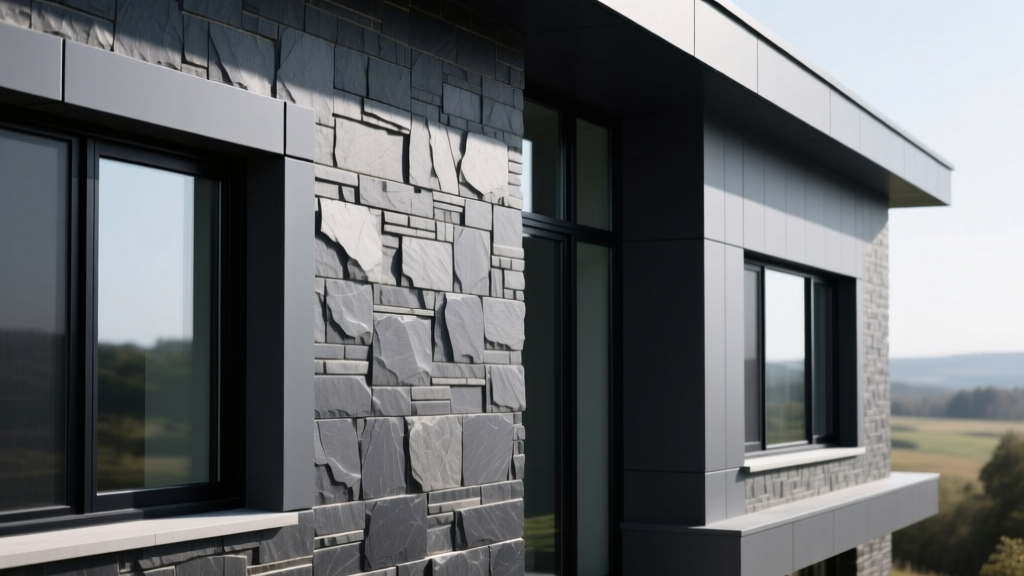 Modern exterior home facade featuring dark stone veneer gray ledge profiles installed with tight mortar joints beside black-framed windows