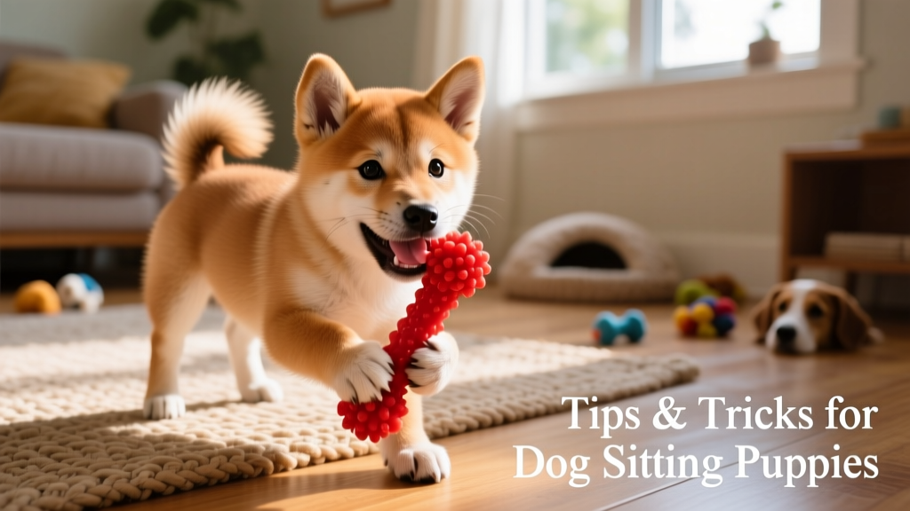 A playful Shiba Inu puppy chewing on a red chew toy