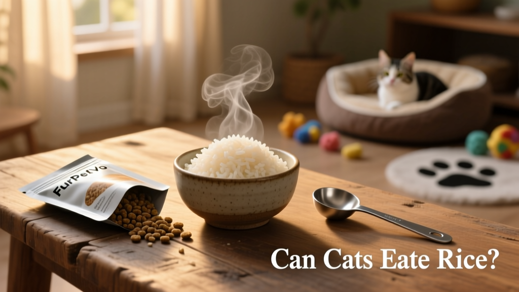 Small bowl of plain cooked rice next to a FurPetVo cat food pouch and a measuring spoon