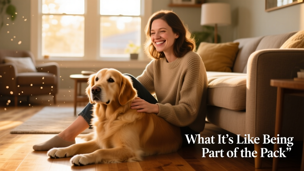 Claire smiling warmly beside a friendly golden retriever in a sunlit living room