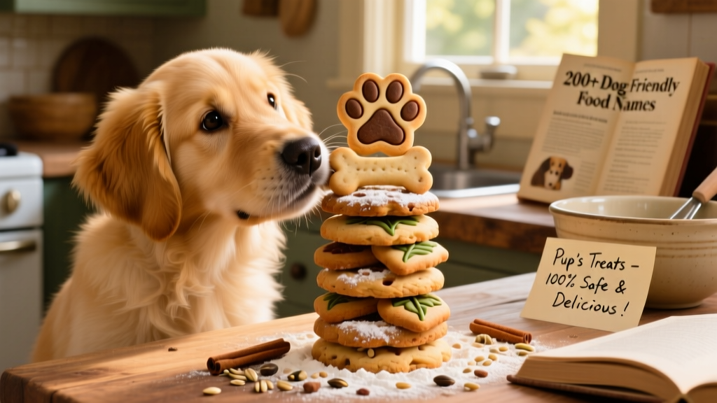 A golden retriever puppy playfully nuzzling a stack of freshly baked cookies