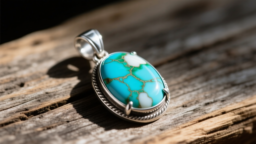 Genuine sterling silver and Sleeping Beauty turquoise pendant resting on weathered wood, highlighting natural stone color variations.