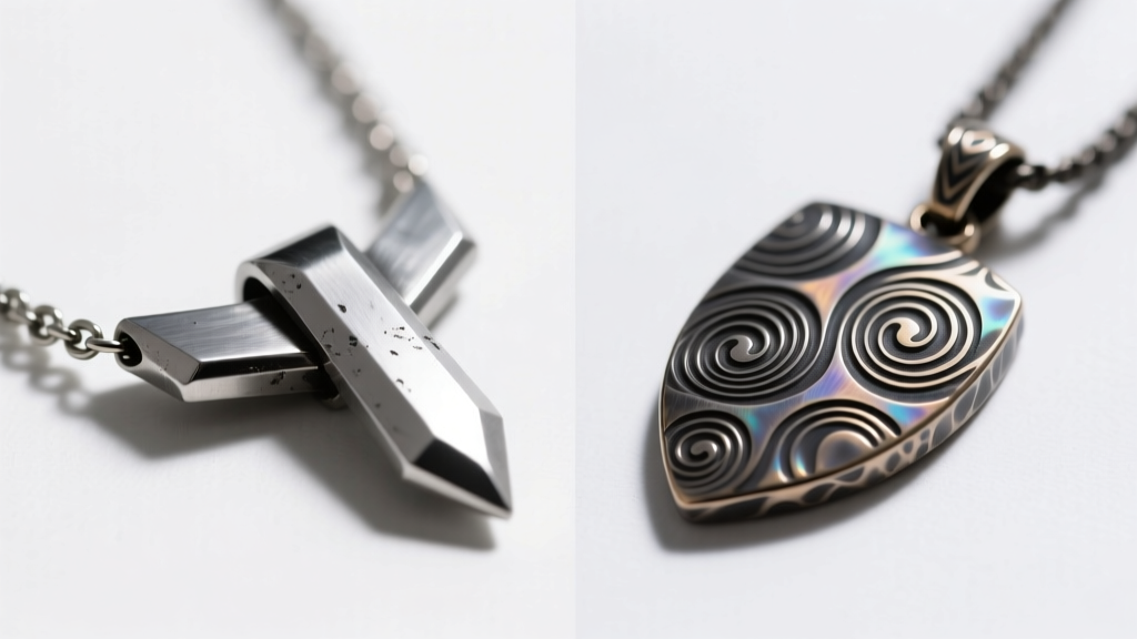 Side-by-side macro comparison of a cheap zinc alloy Berserk necklace and a hand-forged Damascus steel Brand of Sacrifice pendant
