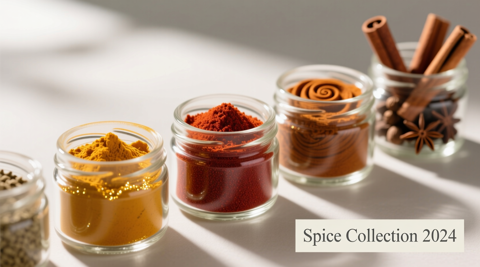 Close-up of various spice blends in glass jars
