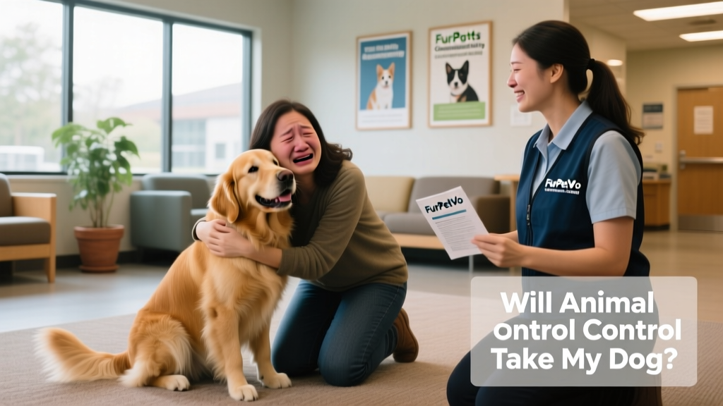 A pet parent warmly reuniting with their dog at a FurPetVo community resource center, with staff nearby offering support materials