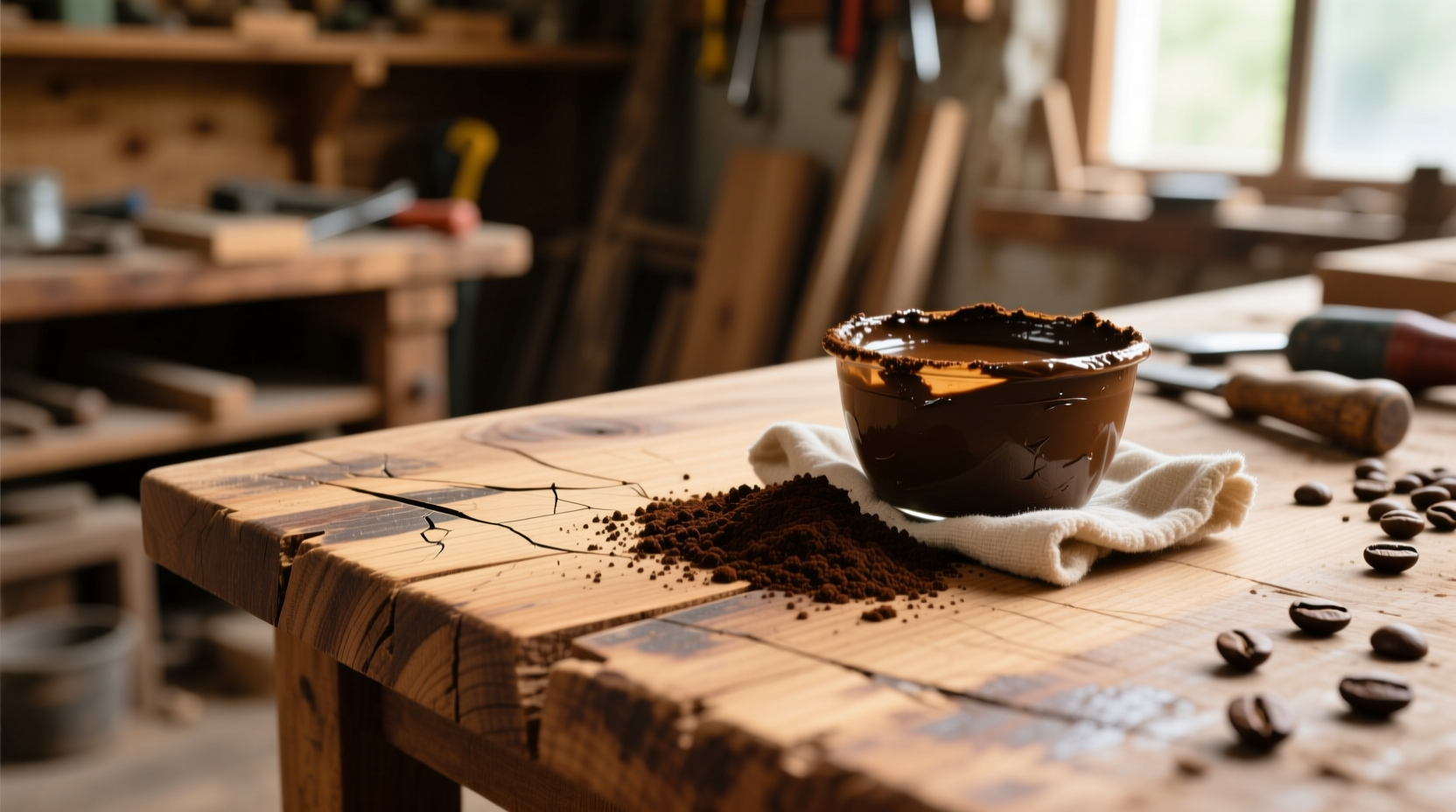use coffee grounds to touch up furniture scuffs