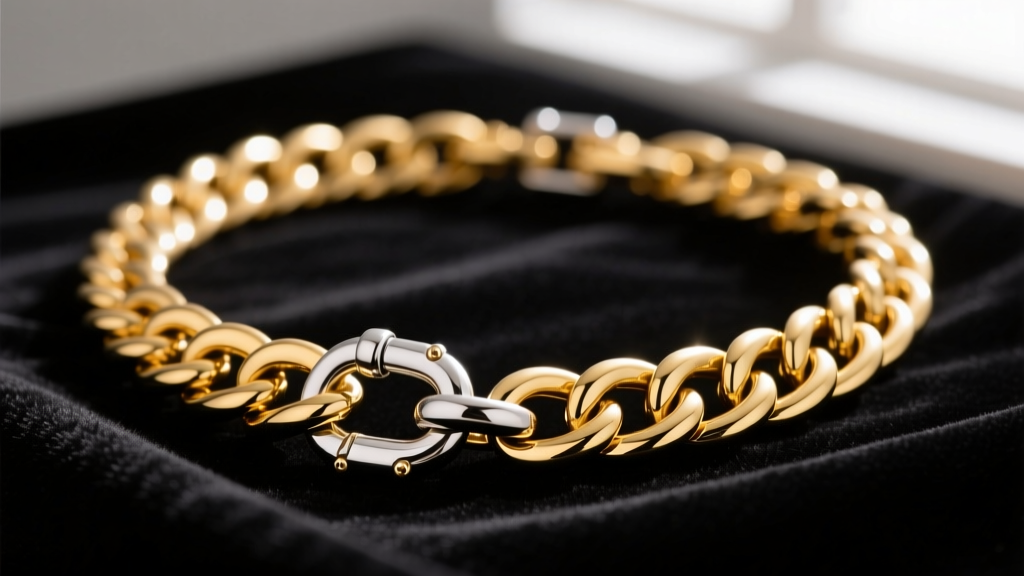 Macro shot of gold vermeil chain necklace with heavy lobster clasp, showing rich tone and precise soldering on dark velvet fabric