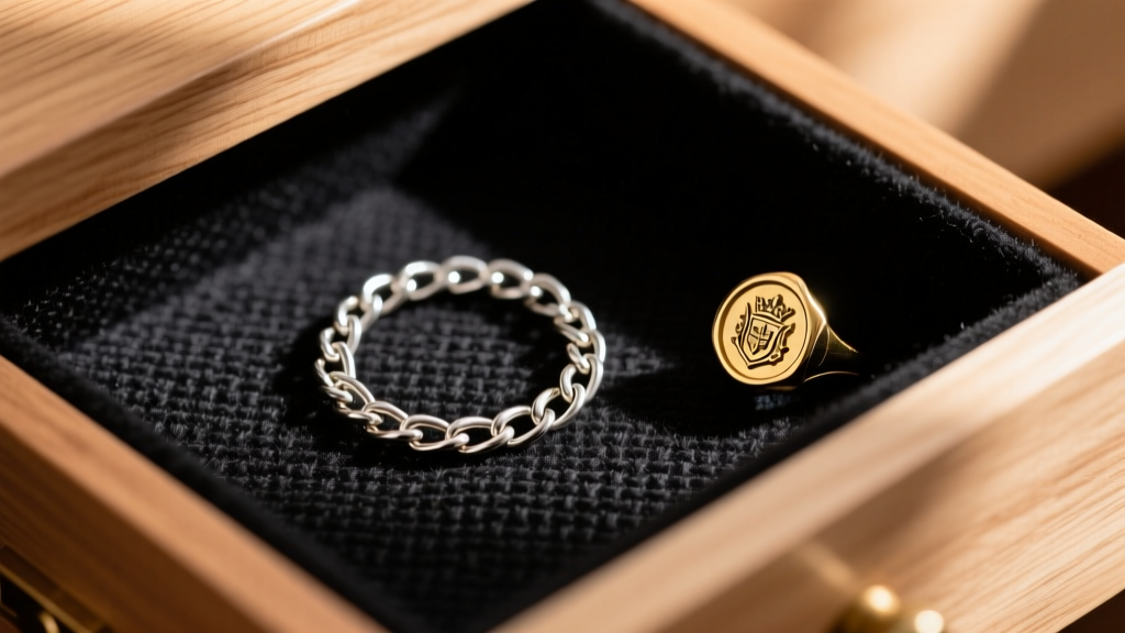 Macro shot of black anti-tarnish flannel lining inside a maple wood jewelry drawer, holding a silver chain and a gold signet ring