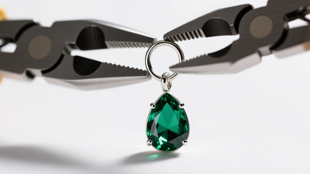 Close-up of flat-nose pliers opening a 4mm sterling silver oval jump ring attached to a heavy teardrop gemstone necklace pendant.