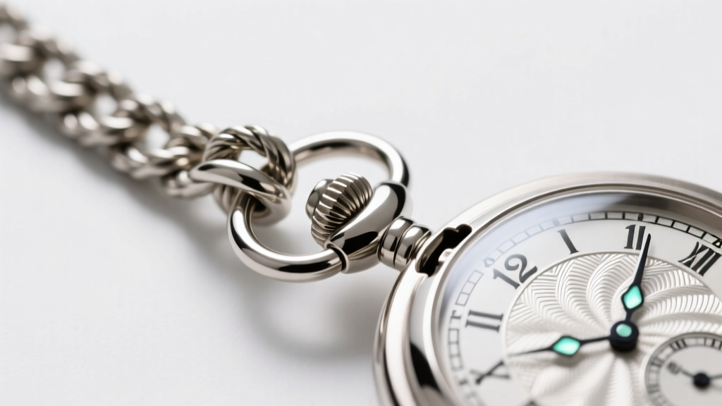 Detailed view of a heavy-duty stainless steel lobster clasp on a 2.5mm rope chain securing a weighty silver pocket watch pendant.