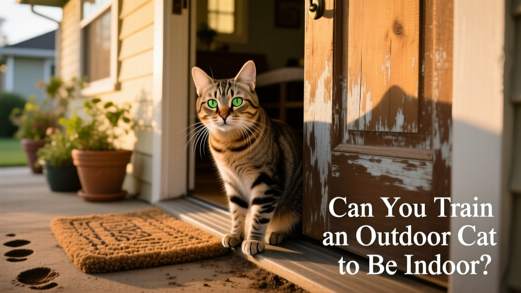 A curious tabby cat sitting near a back door, looking toward the house