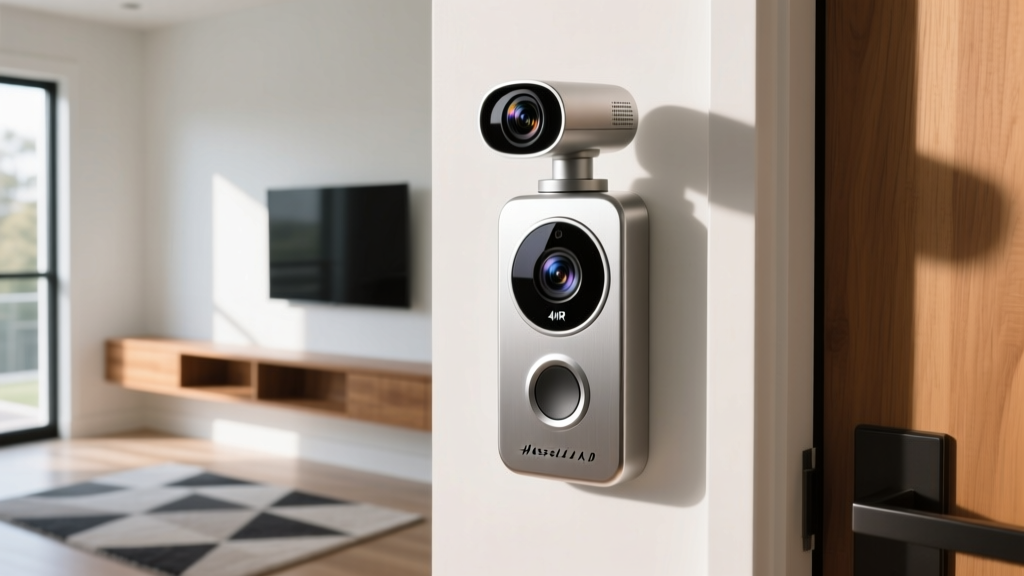 Close-up of the Ring Pan-Tilt Pro video doorbell mounted on a modern home office entryway, showcasing its 4K HDR lens and bird-eye view camera