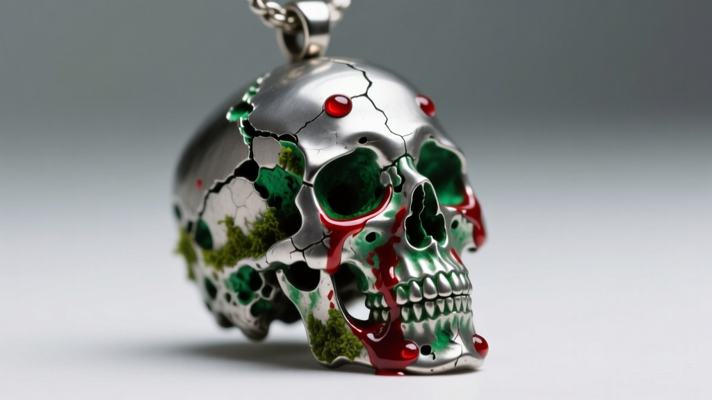 Macro shot of porous zinc alloy skull pendant showing green oxidation and red fake blood stains trapped in deep metal crevices.