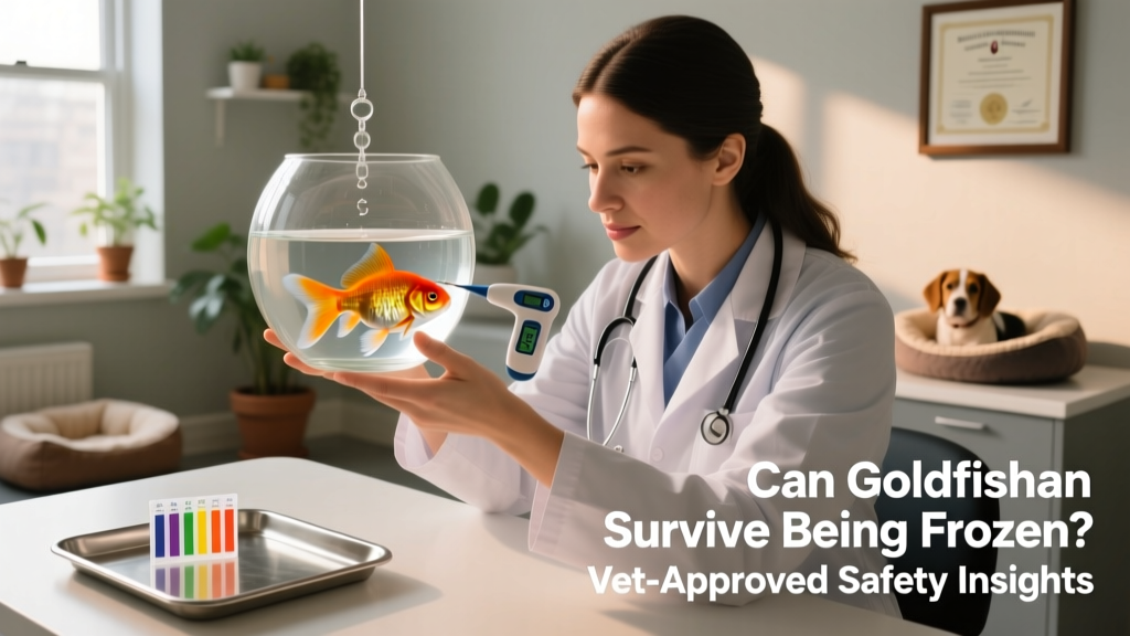 Veterinarian examining a goldfish in clinic setting with digital thermometer and water test kit nearby