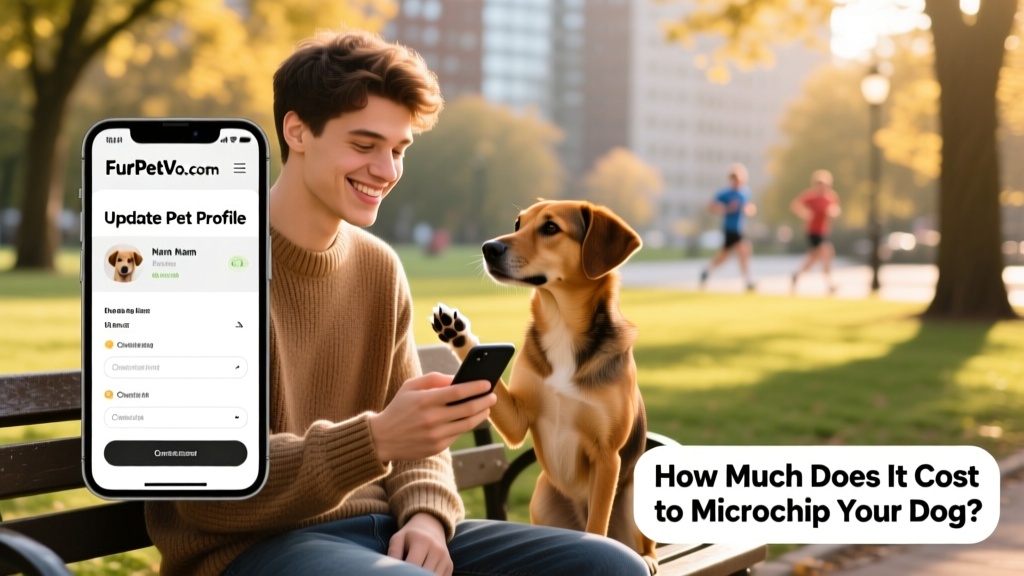 A person using a smartphone to update their dog's contact information on the FurPetVo.com website
