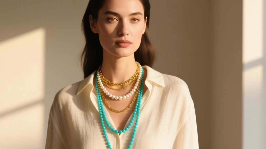 Woman wearing a layered gold chain, pearl strand, and long turquoise beaded necklace over a cream linen shirt in warm sunlight.