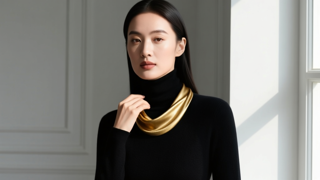Woman wearing a brushed gold Cashmere necklace over a black turtleneck sweater, highlighting metallic texture against dark fabric