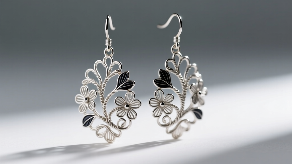Macro photo of Ioannina silver filigree drop earrings showing intricate floral wirework and dark oxidized silver metal detailing