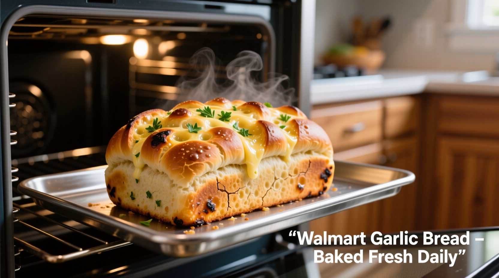 Walmart garlic bread baking in oven with golden crust